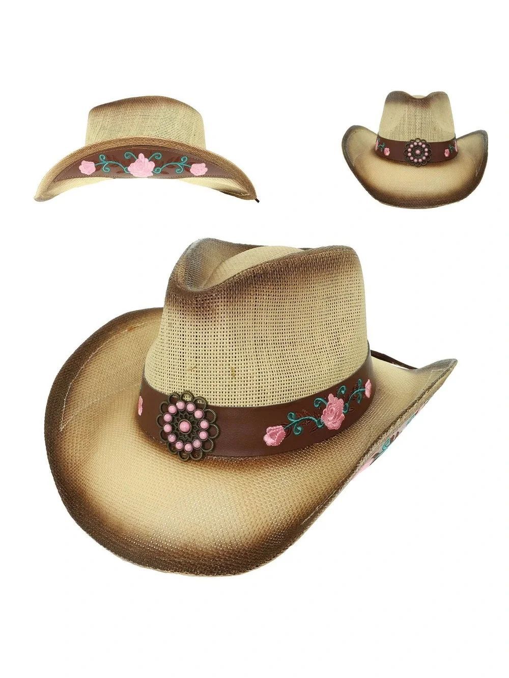 Western Straw Woven Cowboy Hat with Pink Floral - Picture 4 of 6